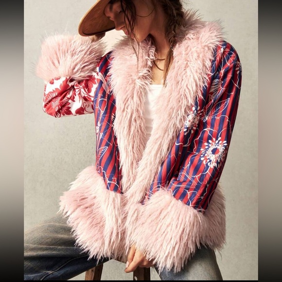 Luxe boho floral print fur coat jacket - Picture 6 of 8